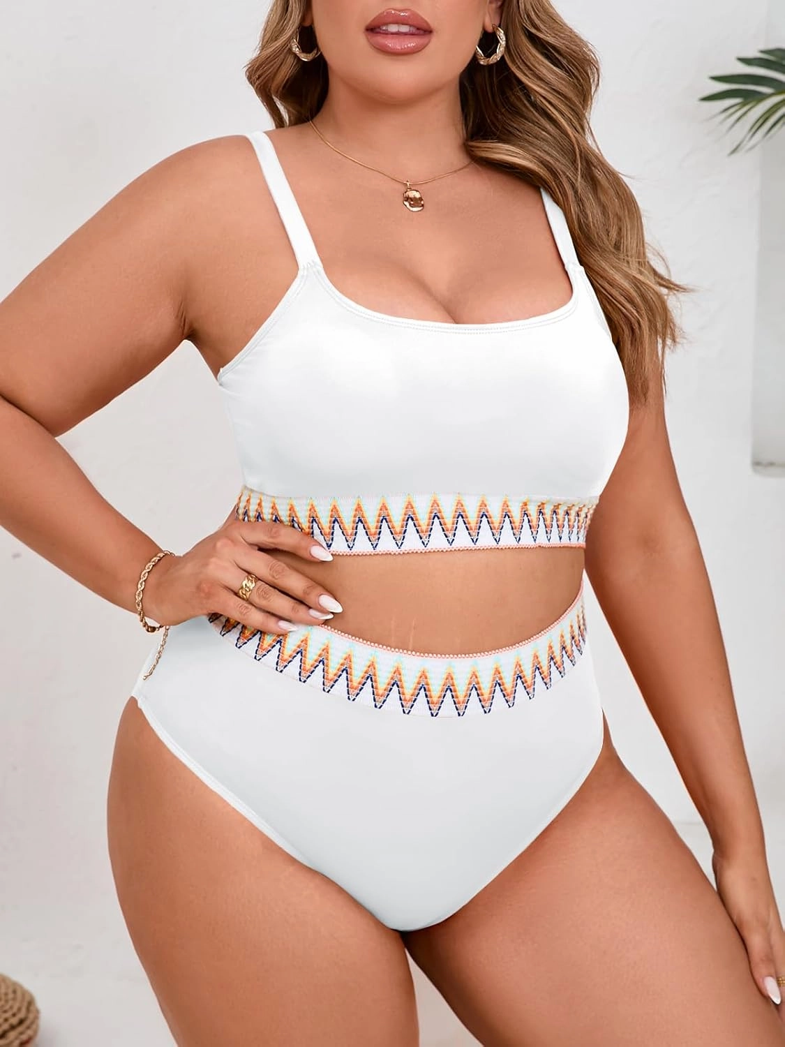 Beautife Womens Plus Size High Waisted Bikini Sets Tummy Control Bathing Suits Color Block Adjustable Straps 2 Piece Swimsuit