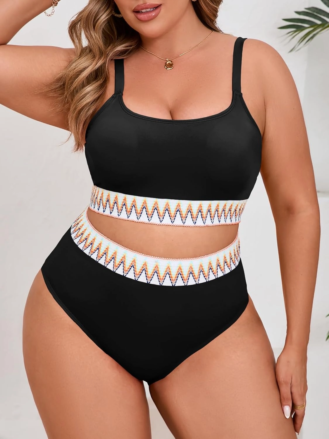 Beautife Womens Plus Size High Waisted Bikini Sets Tummy Control Bathing Suits Color Block Adjustable Straps 2 Piece Swimsuit