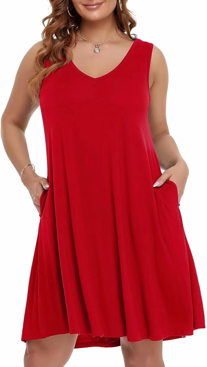 BELAROI Women Casual Summer Beach Dresses Plus Size Sundress V Neck Pockets Swing Tank Dress Cover Ups