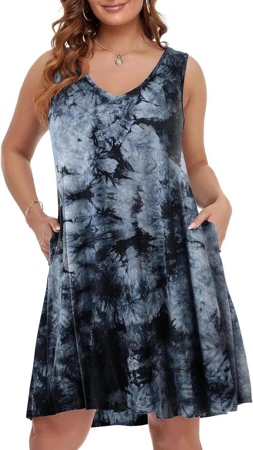 BELAROI Women Casual Summer Beach Dresses Plus Size Sundress V Neck Pockets Swing Tank Dress Cover Ups