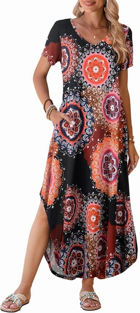 BELAROI Womens Plus Size Maxi Dresses Summer T Shirt Dress Casual V Neck Short Sleeve Long Dress Loose Fit Pockets Split