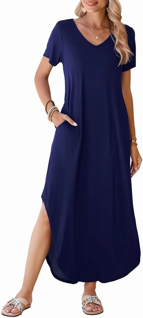BELAROI Womens Plus Size Maxi Dresses Summer T Shirt Dress Casual V Neck Short Sleeve Long Dress Loose Fit Pockets Split