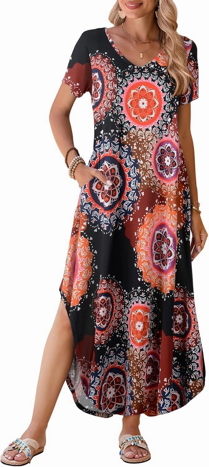 BELAROI Womens Plus Size Maxi Dresses Summer T Shirt Dress Casual V Neck Short Sleeve Long Dress Loose Fit Pockets Split