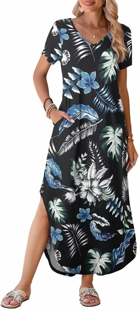 BELAROI Womens Plus Size Maxi Dresses Summer T Shirt Dress Casual V Neck Short Sleeve Long Dress Loose Fit Pockets Split