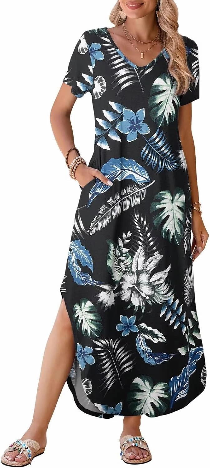 BELAROI Womens Plus Size Maxi Dresses Summer T Shirt Dress Casual V Neck Short Sleeve Long Dress Loose Fit Pockets Split