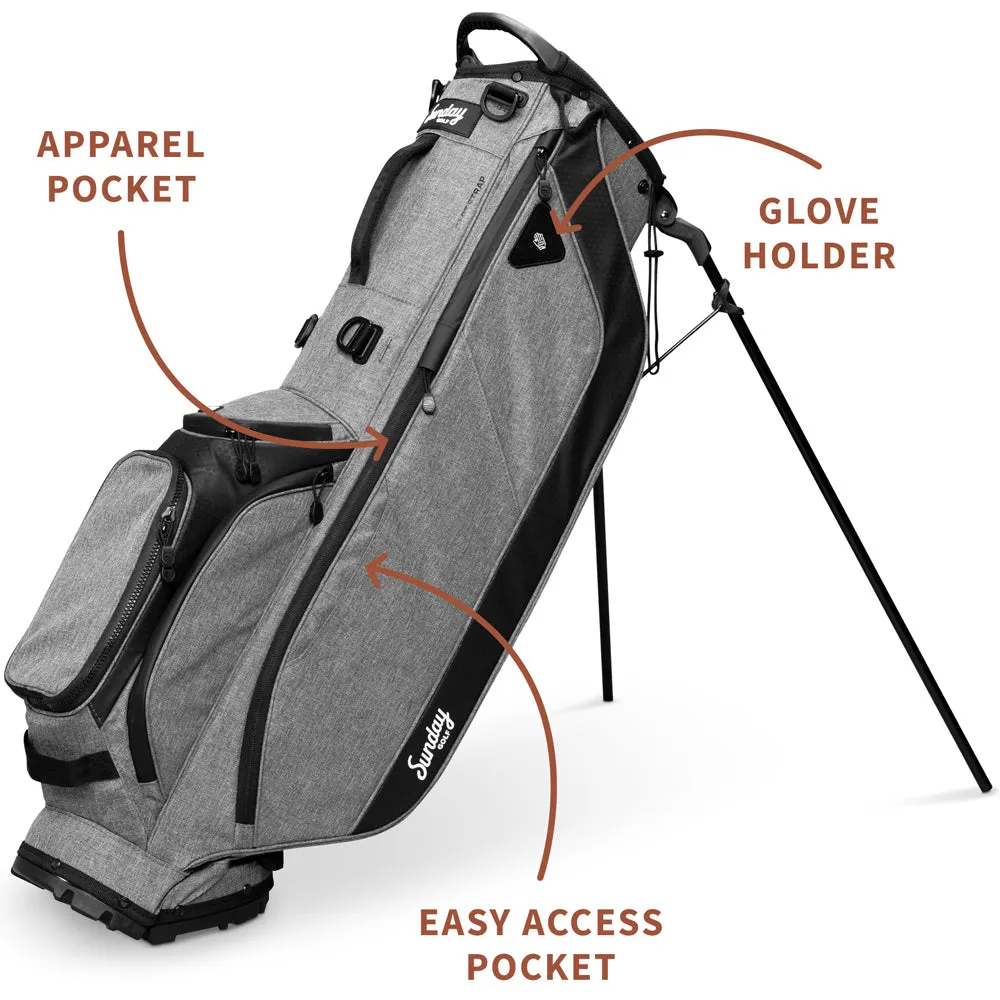 Sunday Golf Ryder '23 Stand Bag  - Heather Grey, Titleist Pro V1 golf balls, Golf push cart, Golf shaft flex chart