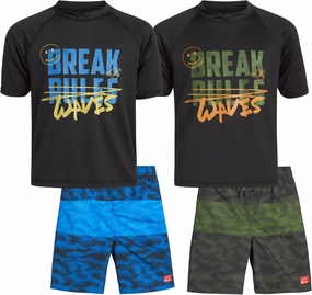 Big Chill Boys Rash Guard Set - 4 Piece UPF50  Sun Protection Quick Dry Short Sleeve Swim Shirt & Swim Trunks Set (Size 4-14)