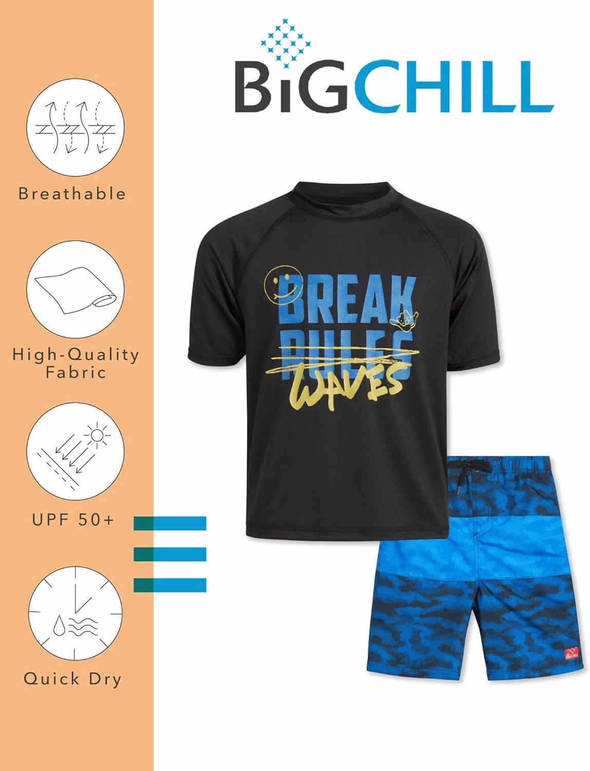 Big Chill Boys Rash Guard Set - 4 Piece UPF50  Sun Protection Quick Dry Short Sleeve Swim Shirt & Swim Trunks Set (Size 4-14)