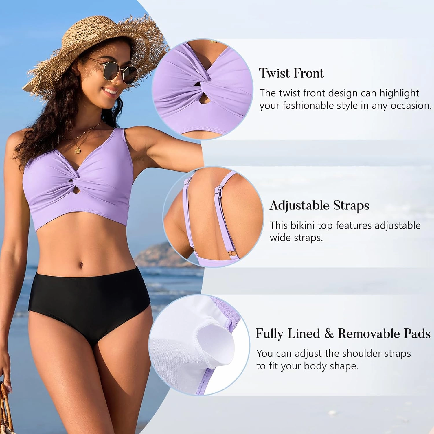 Bikini Tops for Women Padded V Neck Swimsuit Tops Knot Twist Hollow Cut Adjustable Tank Bathing Suits