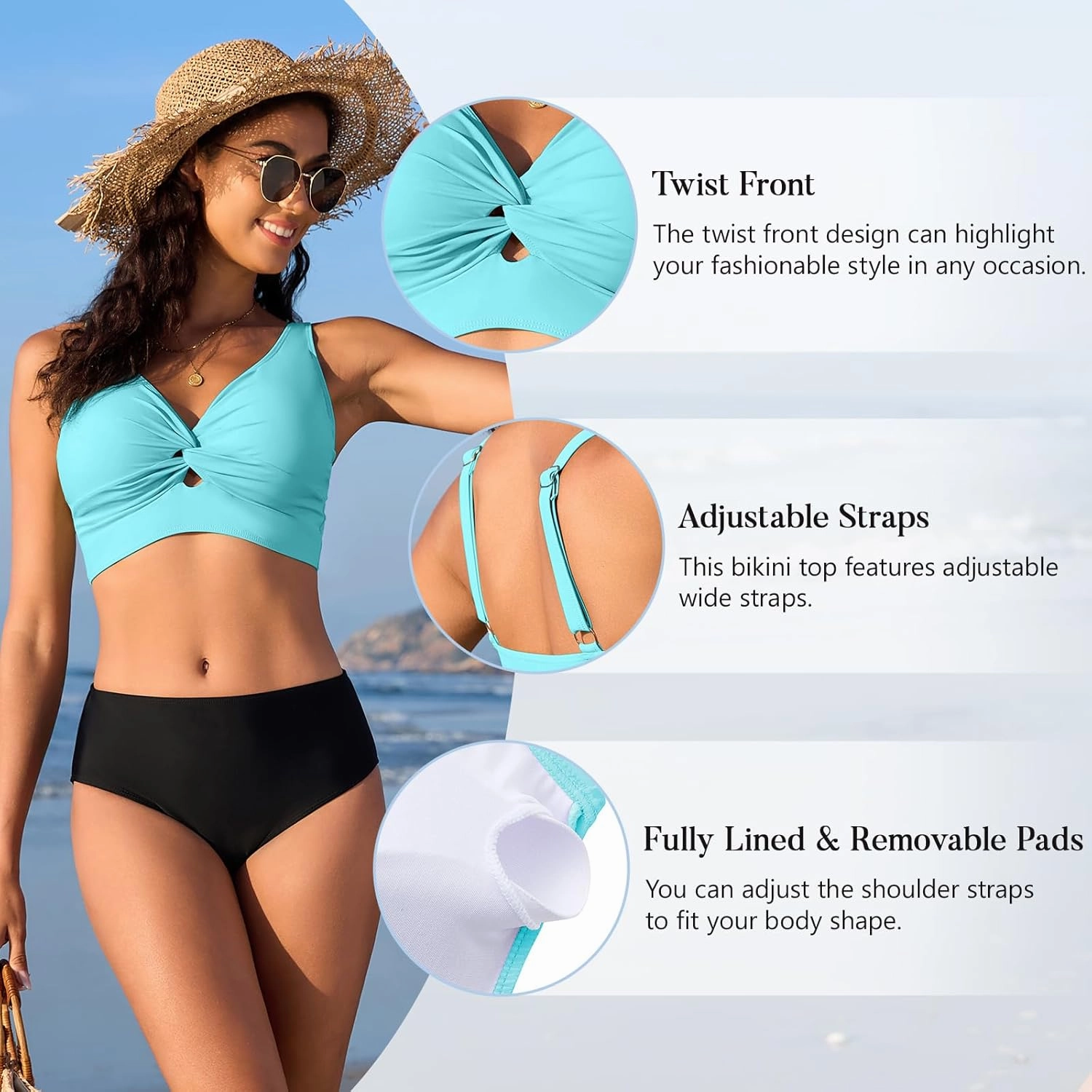 Bikini Tops for Women Padded V Neck Swimsuit Tops Knot Twist Hollow Cut Adjustable Tank Bathing Suits