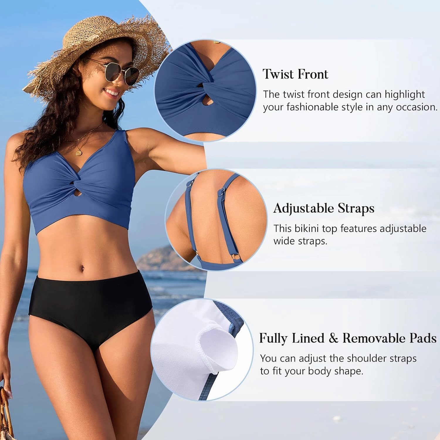 Bikini Tops for Women Padded V Neck Swimsuit Tops Knot Twist Hollow Cut Adjustable Tank Bathing Suits