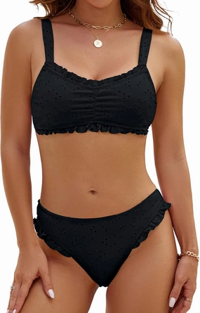 Blooming Jelly Bikini Sets for Women Ruched Bandeau Ruffle High Cut Eyelet Swimsuit 2 Piece Adjustable Strap Bathing Suits