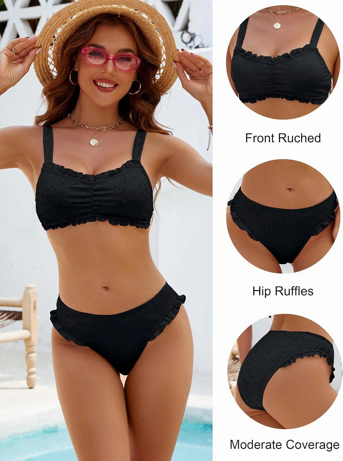 Blooming Jelly Bikini Sets for Women Ruched Bandeau Ruffle High Cut Eyelet Swimsuit 2 Piece Adjustable Strap Bathing Suits