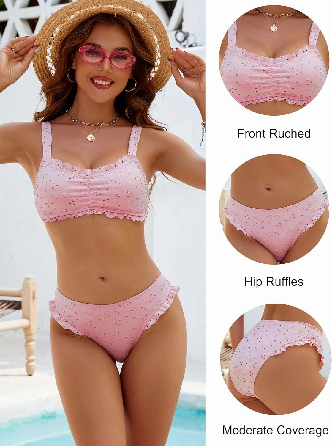 Blooming Jelly Bikini Sets for Women Ruched Bandeau Ruffle High Cut Eyelet Swimsuit 2 Piece Adjustable Strap Bathing Suits