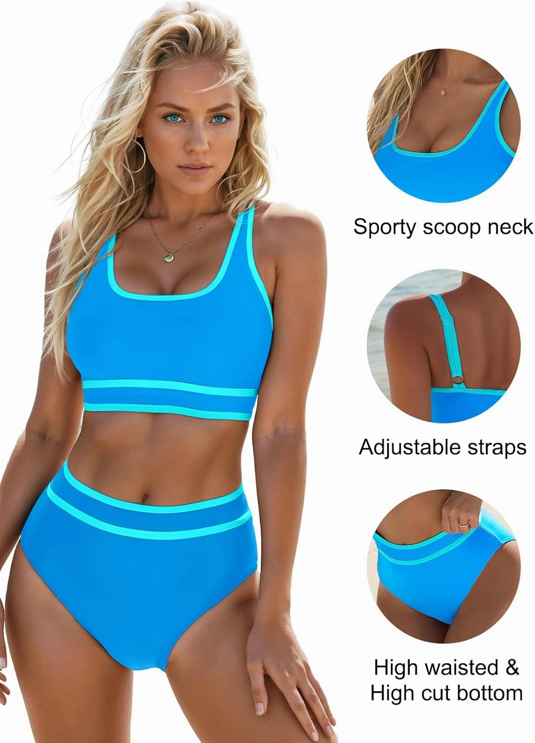 Blooming Jelly Womens High Waist Bikini Sets Sporty Color Block Two Piece Swimsuits Scoop Neck Cheeky Bathing Suits