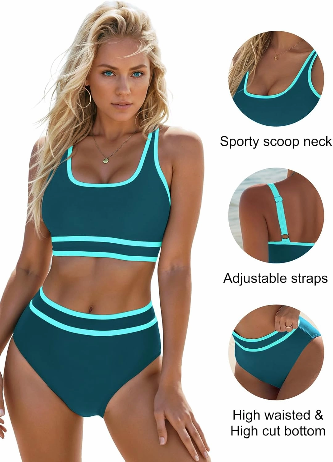 Blooming Jelly Womens High Waist Bikini Sets Sporty Color Block Two Piece Swimsuits Scoop Neck Cheeky Bathing Suits