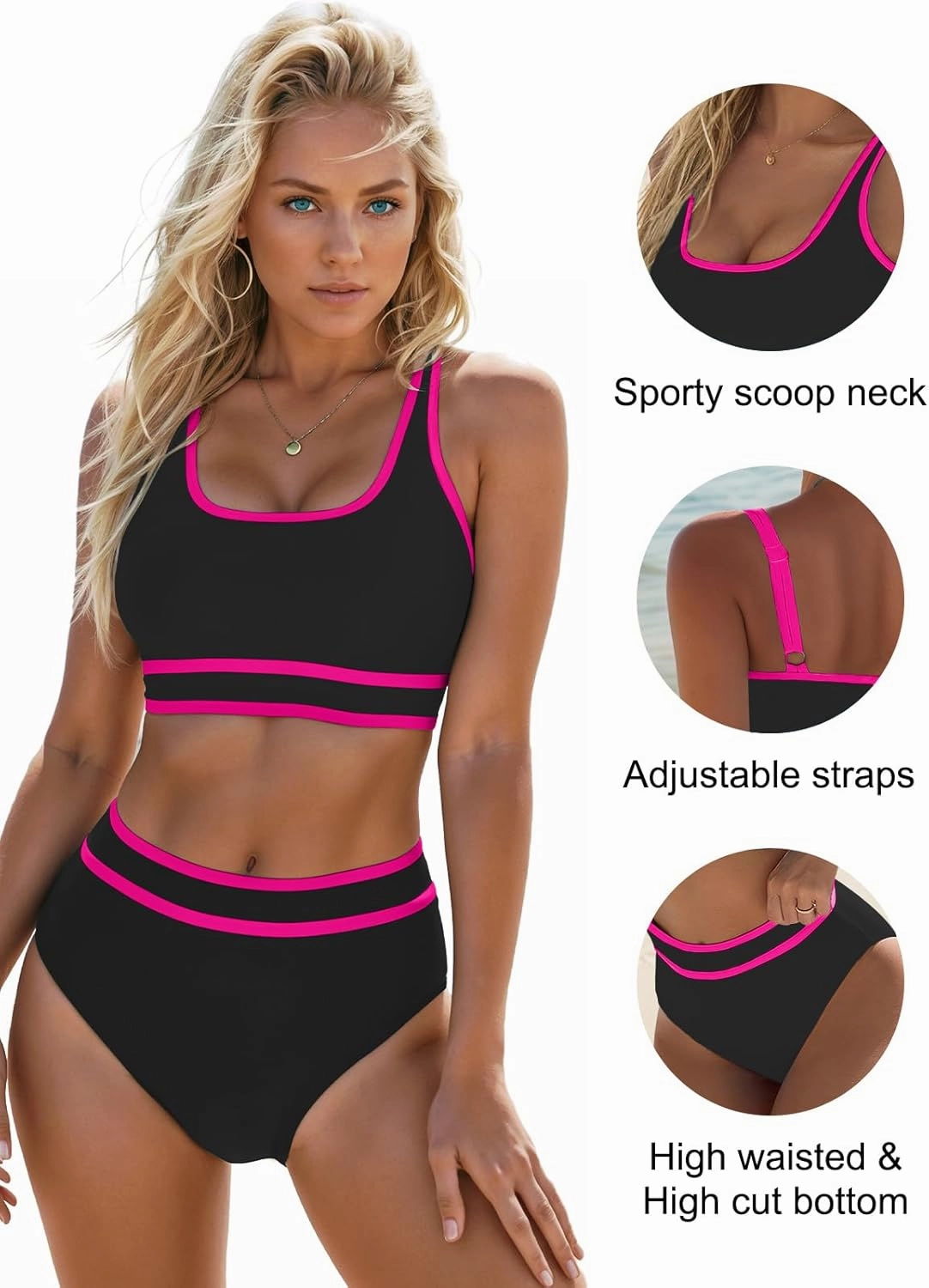 Blooming Jelly Womens High Waist Bikini Sets Sporty Color Block Two Piece Swimsuits Scoop Neck Cheeky Bathing Suits