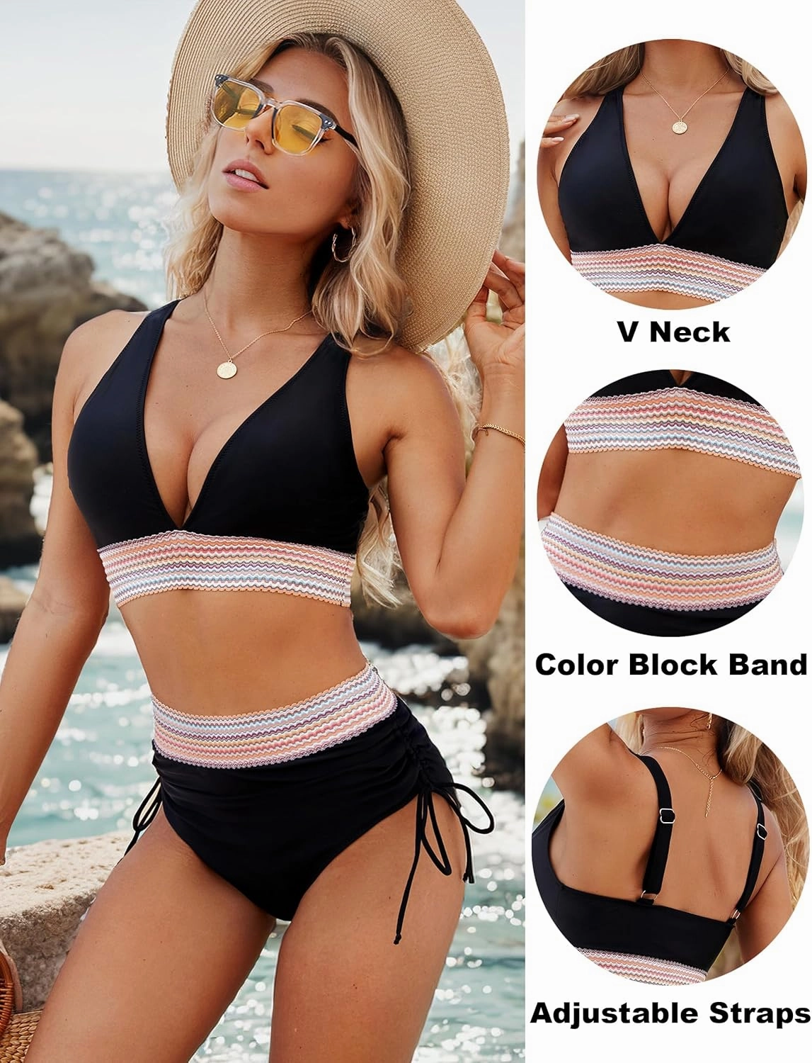 Blooming Jelly Womens High Waisted Bikini Sets Color Block Tummy Control Swimsuits Drawstring Two Piece Bathing Suit