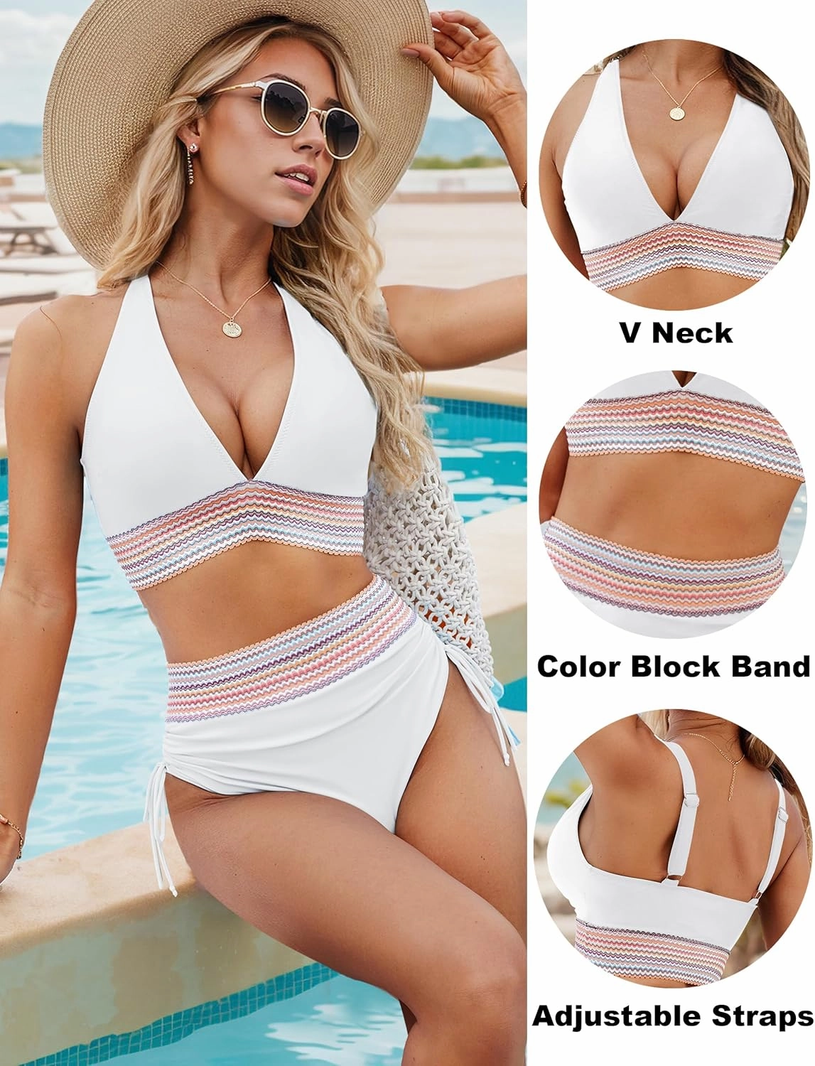 Blooming Jelly Womens High Waisted Bikini Sets Color Block Tummy Control Swimsuits Drawstring Two Piece Bathing Suit