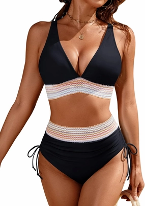 Blooming Jelly Womens High Waisted Bikini Sets Color Block Tummy Control Swimsuits Drawstring Two Piece Bathing Suit