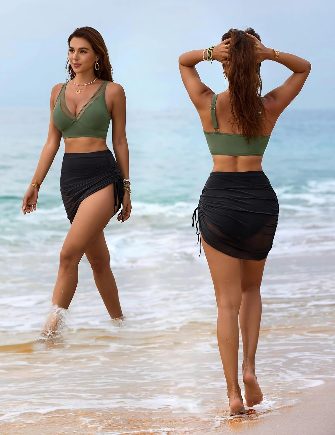 Blooming Jelly Womens Swim Skirt High Waisted Bikini Sets Tummy Control Swimsuits Mesh Sarong Wraps Bathing Suits