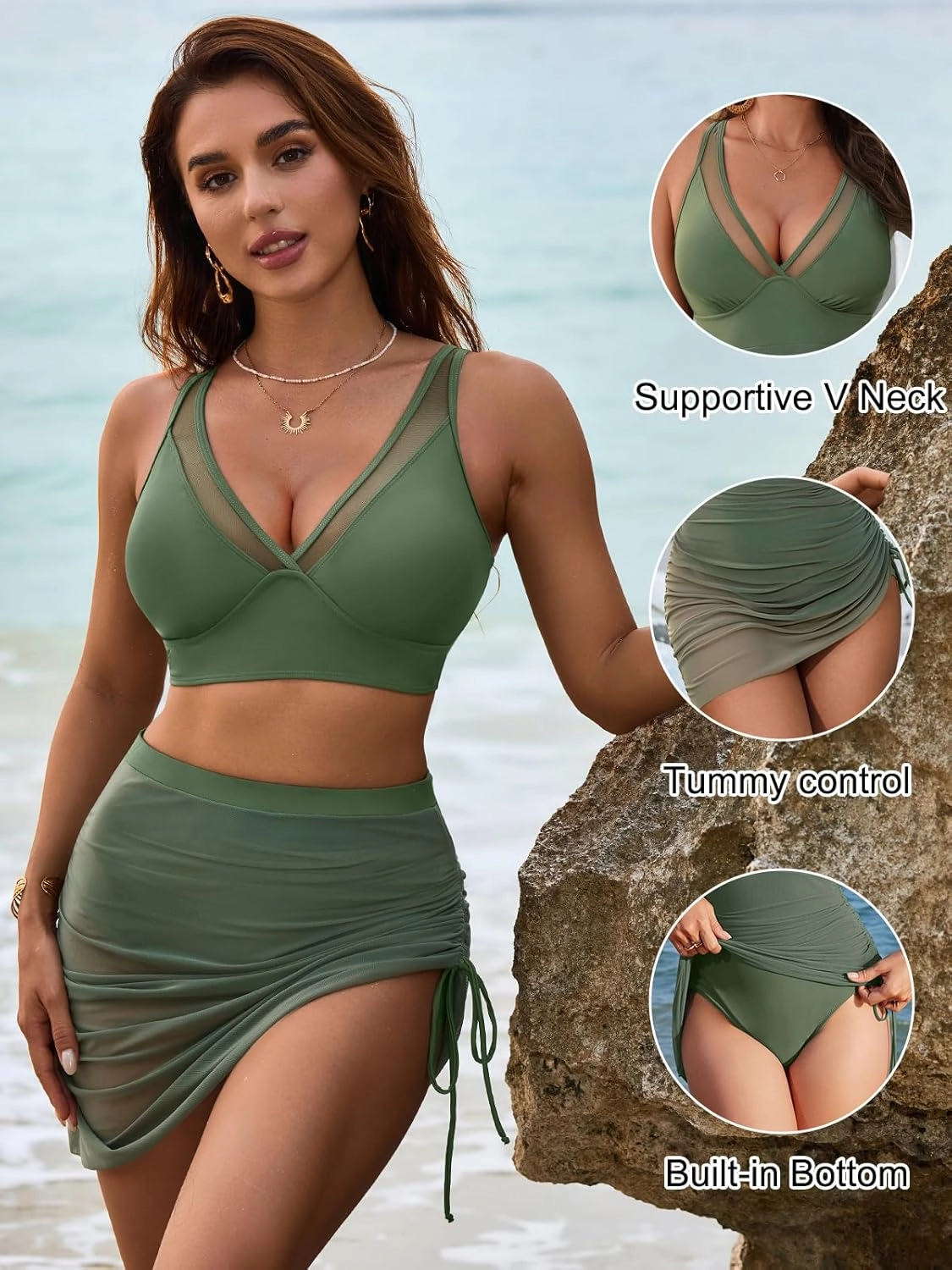 Blooming Jelly Womens Swim Skirt High Waisted Bikini Sets Tummy Control Swimsuits Mesh Sarong Wraps Bathing Suits