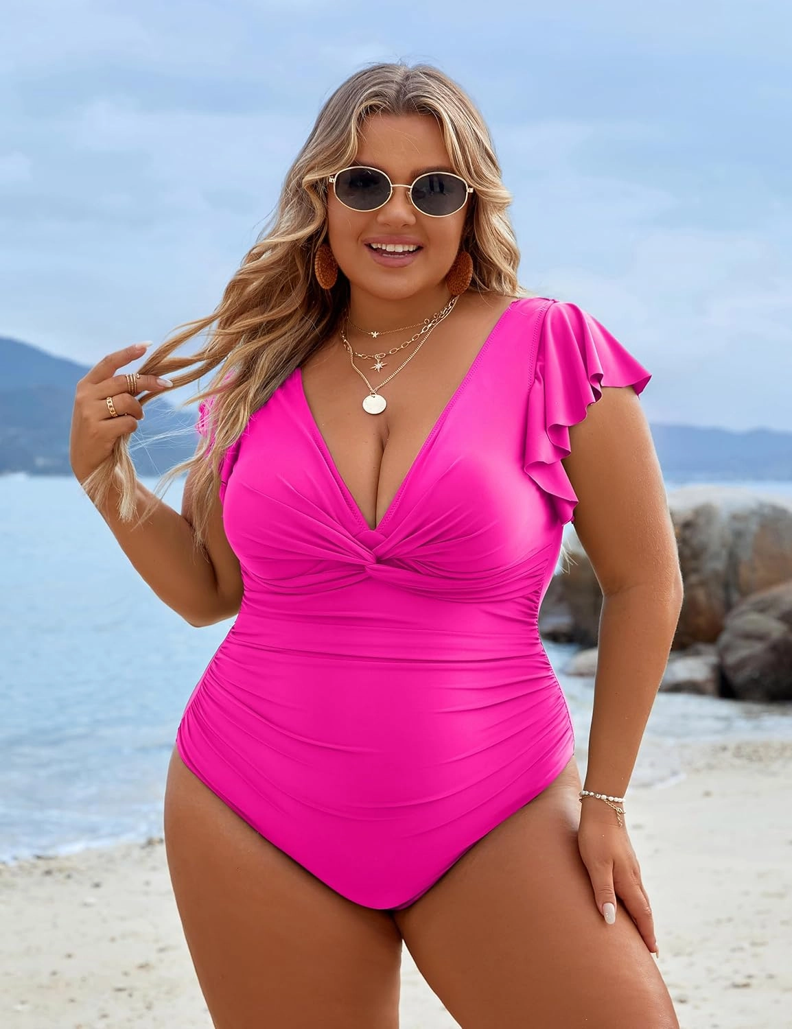 Blooming Jelly Womens Tummy Control Swimsuit V Neck One Piece Bathing Suits Slimming Lace-up Ruffle Swimwear