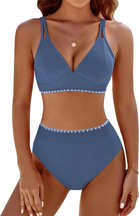 BMJL Women's Bikini Sets V Neck High Waisted Swimsuits Shell Stitched Cheeky Two Piece Bathing Suit