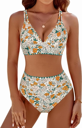 BMJL Women's Bikini Sets V Neck High Waisted Swimsuits Shell Stitched Cheeky Two Piece Bathing Suit