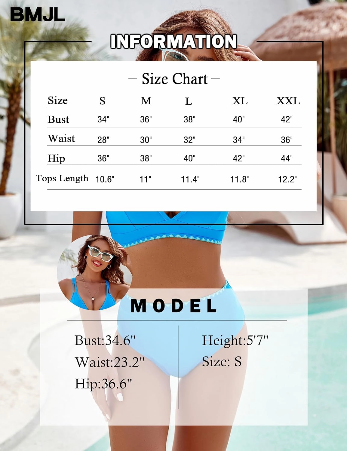 BMJL Women's Bikini Sets V Neck High Waisted Swimsuits Shell Stitched Cheeky Two Piece Bathing Suit