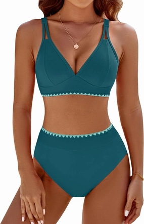 BMJL Women's Bikini Sets V Neck High Waisted Swimsuits Shell Stitched Cheeky Two Piece Bathing Suit