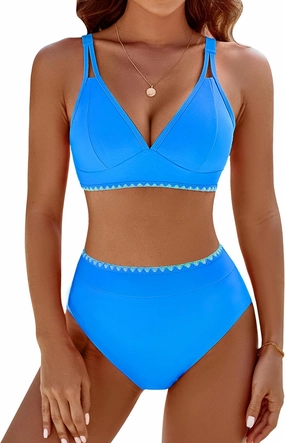 BMJL Women's Bikini Sets V Neck High Waisted Swimsuits Shell Stitched Cheeky Two Piece Bathing Suit