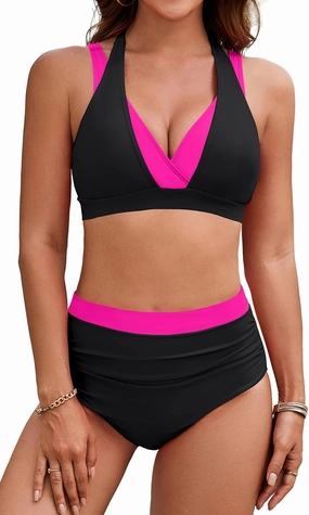 BMJL Women's High Waisted Bikini Sets Tummy Control Swimsuits Two Piece Color Block Modest Bathing Suit
