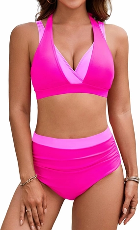 BMJL Women's High Waisted Bikini Sets Tummy Control Swimsuits Two Piece Color Block Modest Bathing Suit