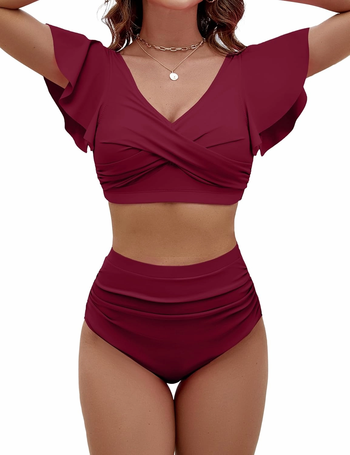 BMJL Womens High Waisted Bathing Suits Tummy Control Two Piece Swimsuits Ruffle Bikini Sets Criss Cross Ruched Swimwear