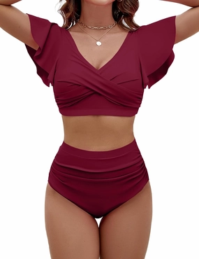 BMJL Womens High Waisted Bathing Suits Tummy Control Two Piece Swimsuits Ruffle Bikini Sets Criss Cross Ruched Swimwear