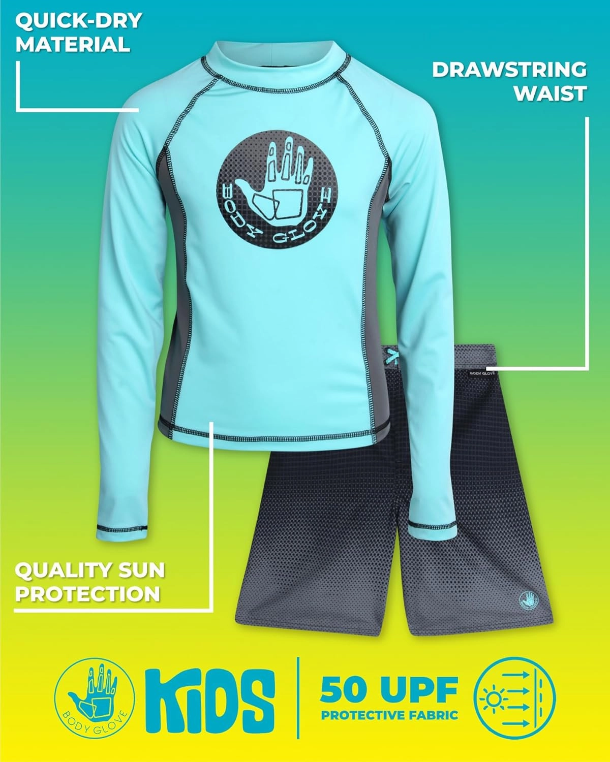 Body Glove Boys Swim Set - 2 Piece Boys Swim Trunks with Rash Guard UV Protection Swimsuit Kids Bathing Suits (Sizes 4-12)