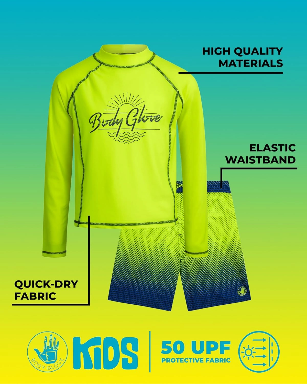 Body Glove Boys Swim Set - 2 Piece UPF 50  Swim Trunks and Rash Guard for Boys Kids Swimwear Set (Sizes: 4-12)