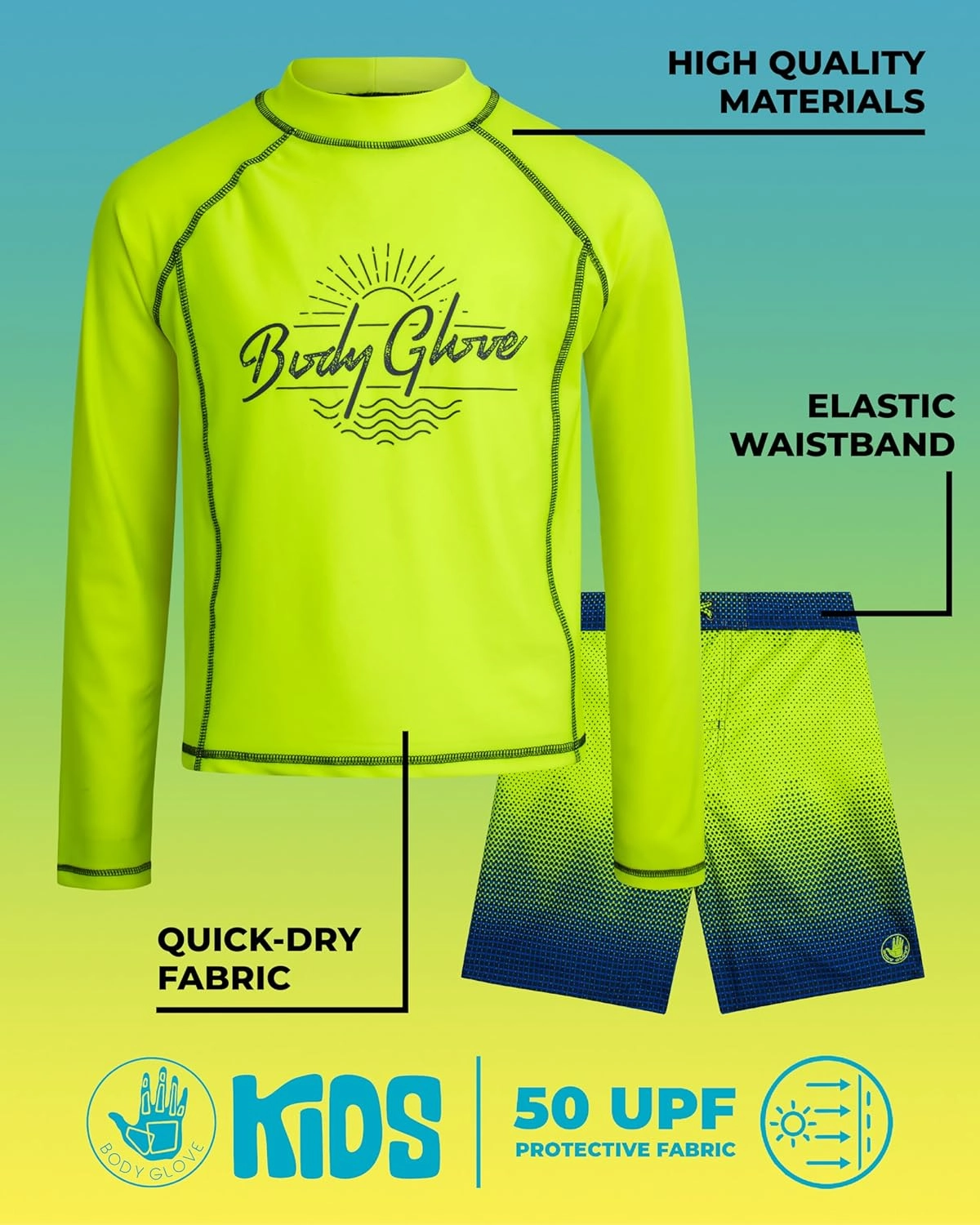 Body Glove Boys Swim Set - 4 Piece UPF 50  Swim Trunks and Rash Guard for Boys Kids Swimwear Set (Sizes: 4-12)