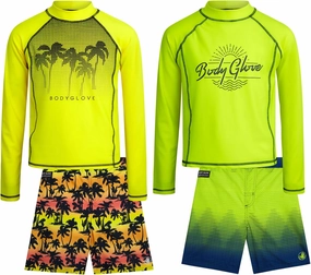 Body Glove Boys Swim Set - 4 Piece UPF 50  Swim Trunks and Rash Guard for Boys Kids Swimwear Set (Sizes: 4-12)