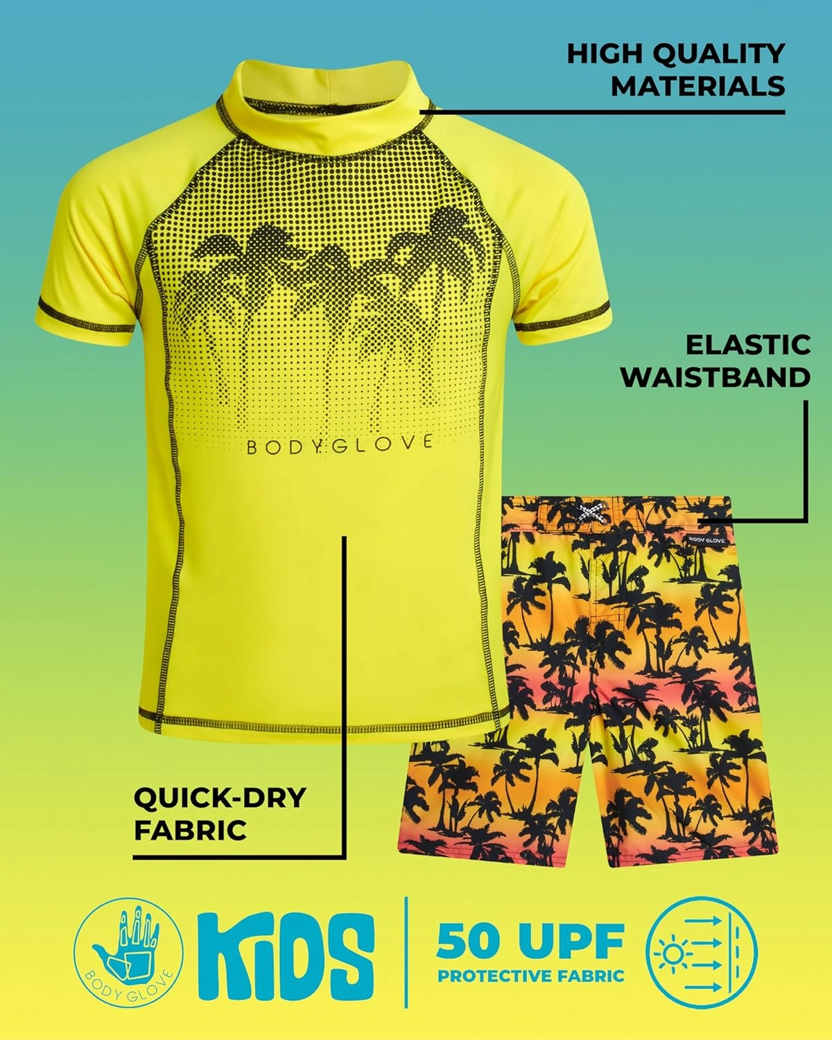 Body Glove Boys Swim Set - 4 Piece UPF 50  Swim Trunks and Rash Guard for Boys Kids Swimwear Set (Sizes: 4-12)