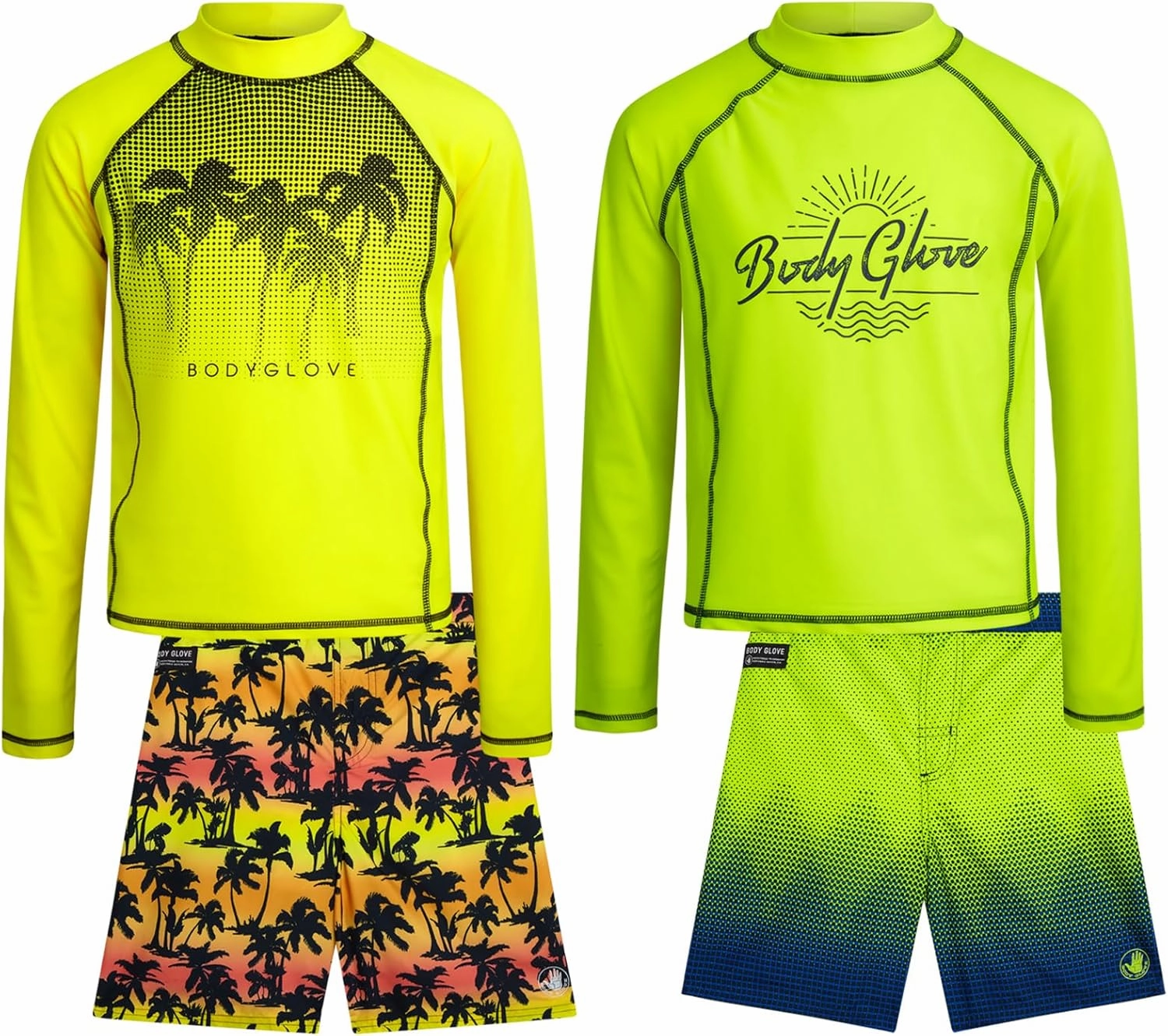 Body Glove Boys Swim Set - 4 Piece UPF 50  Swim Trunks and Rash Guard for Boys Kids Swimwear Set (Sizes: 4-12)
