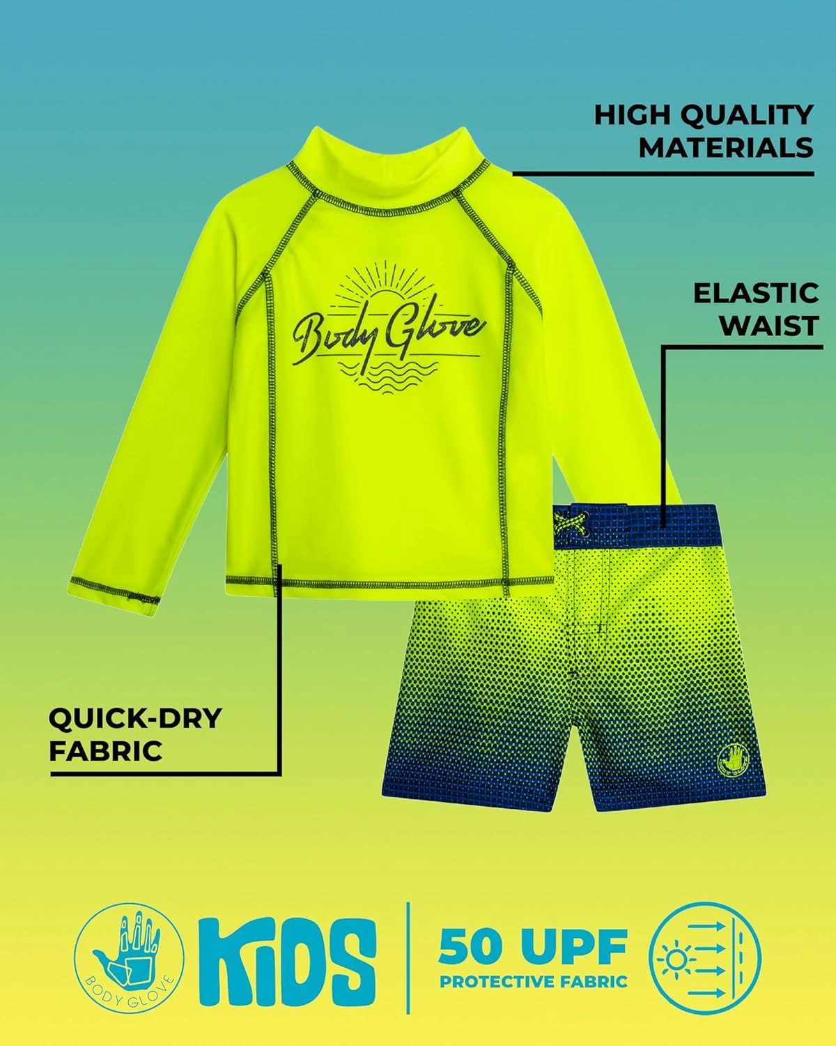 Body Glove Toddler Boys Swim Set - 2 Piece UPF 50  Quick Dry Swim Trunks and Rash Guard for Boys Kids Swimwear (Sizes: 2T-4T)