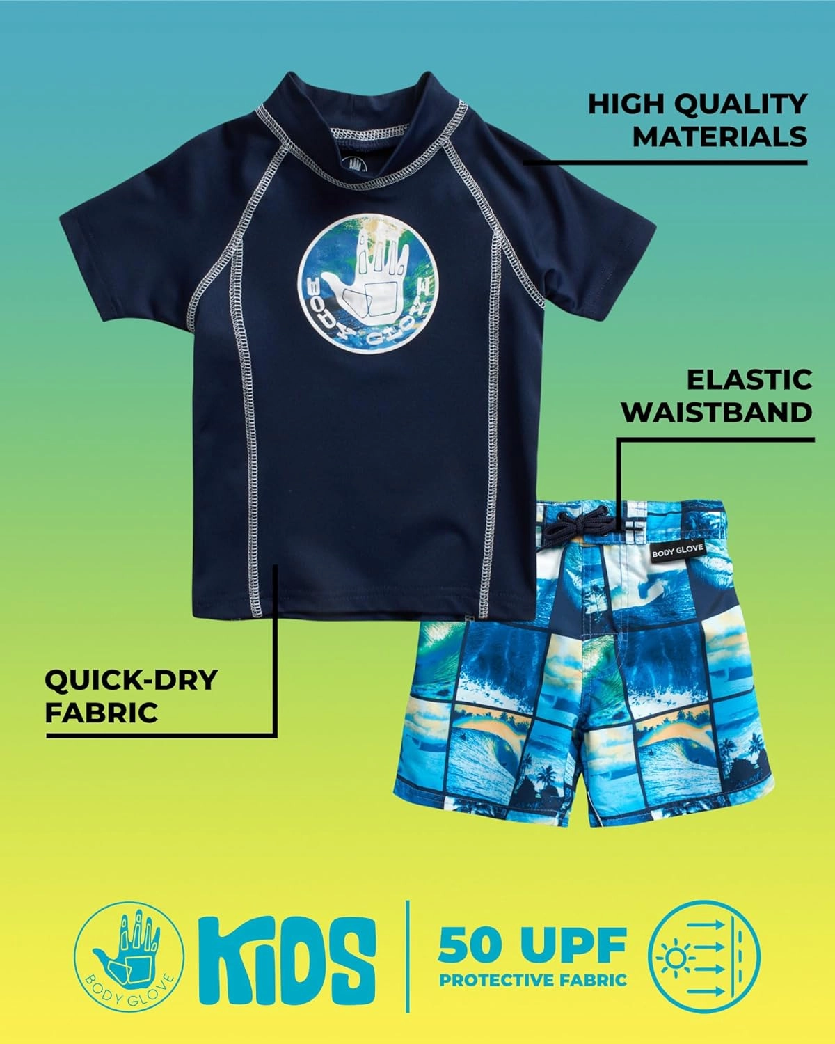 Body Glove Toddler Boys Swim Set - 2 Piece UPF 50  Quick Dry Swim Trunks and Rash Guard for Boys Kids Swimwear (Sizes: 2T-4T)