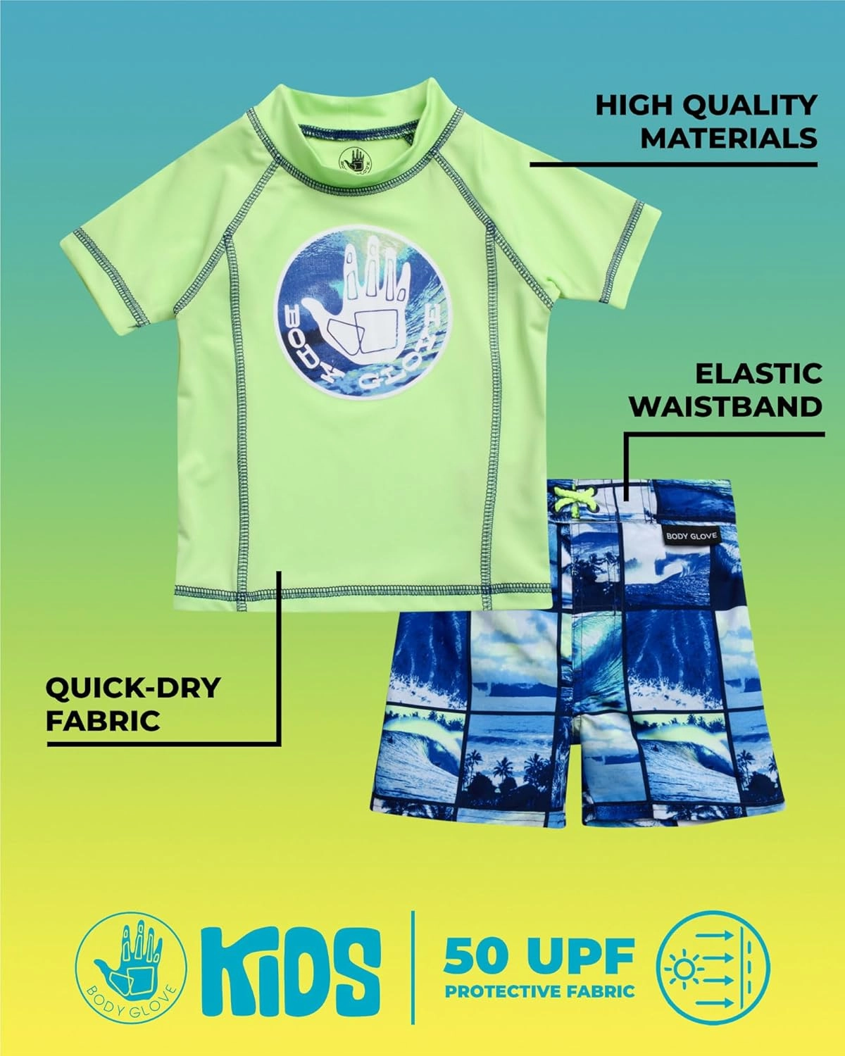 Body Glove Toddler Boys Swim Set - 2 Piece UPF 50  Quick Dry Swim Trunks and Rash Guard for Boys Kids Swimwear (Sizes: 2T-4T)