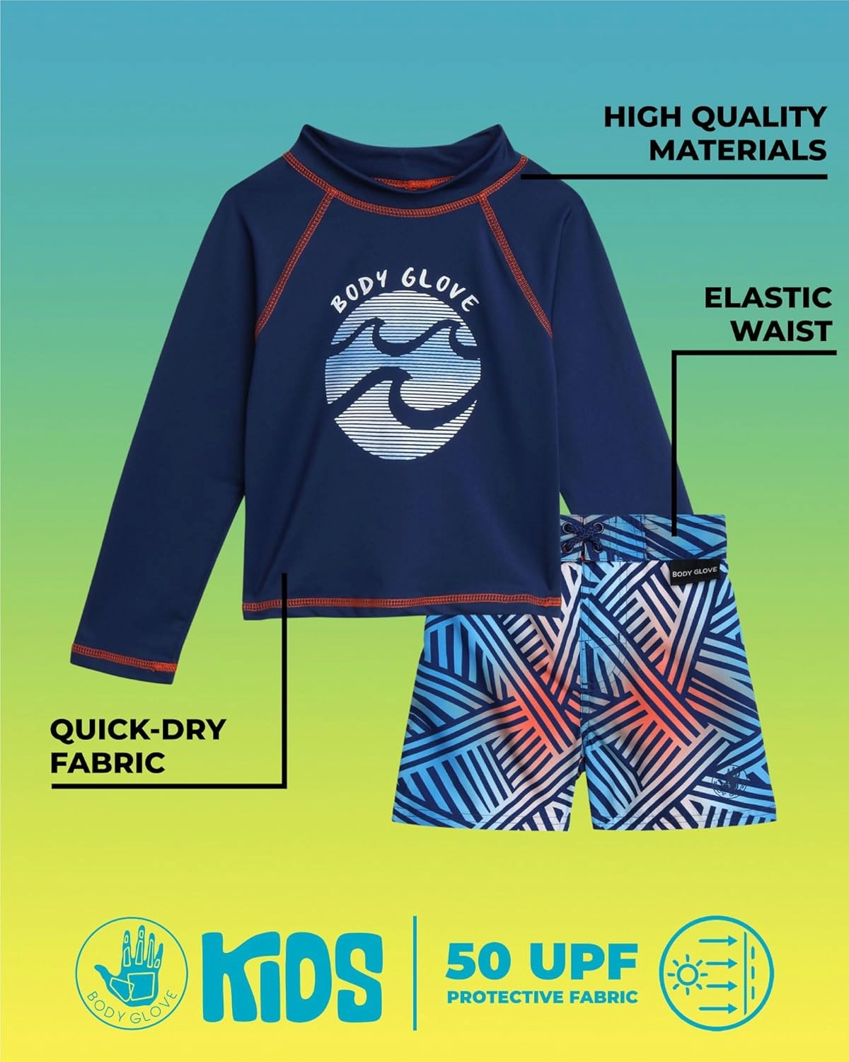 Body Glove Toddler Boys Swim Set - 2 Piece UPF 50  Quick Dry Swim Trunks and Rash Guard for Boys Kids Swimwear (Sizes: 2T-4T)