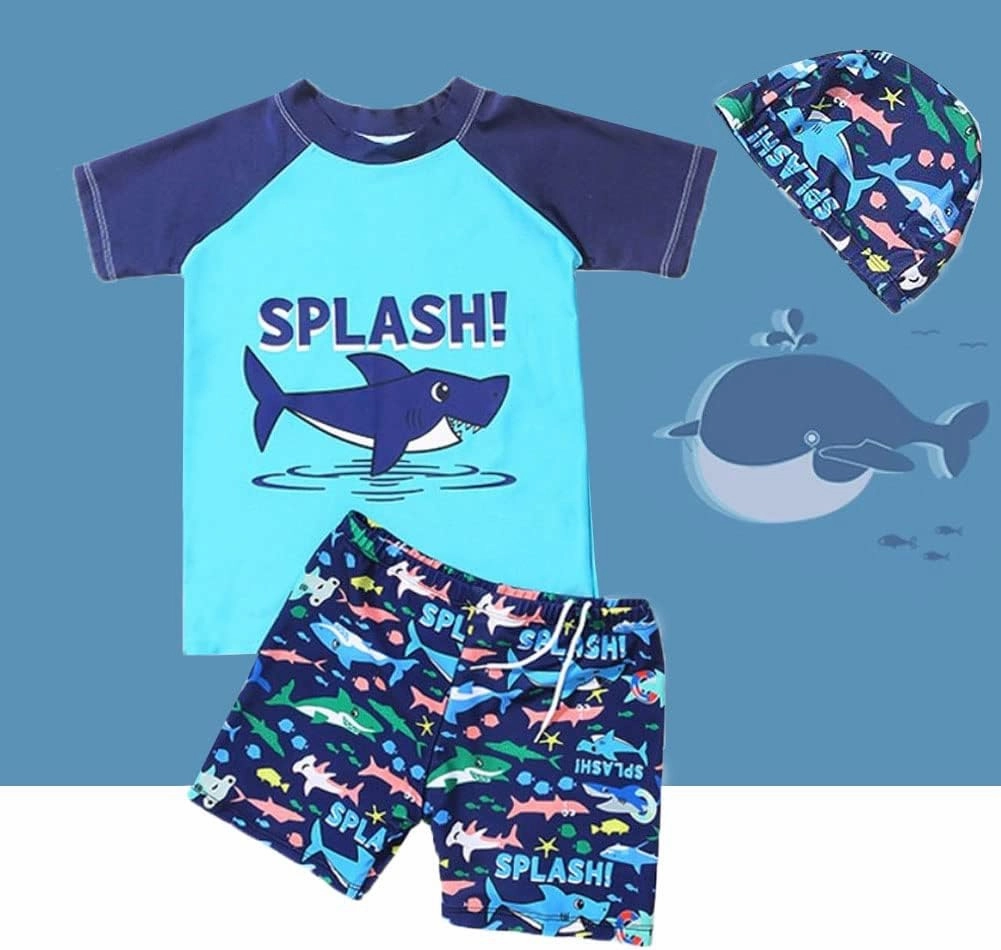 Boy Swim Set, 3 Pieces Set Swim Shirt   Swimming Shorts   Swimming Cap