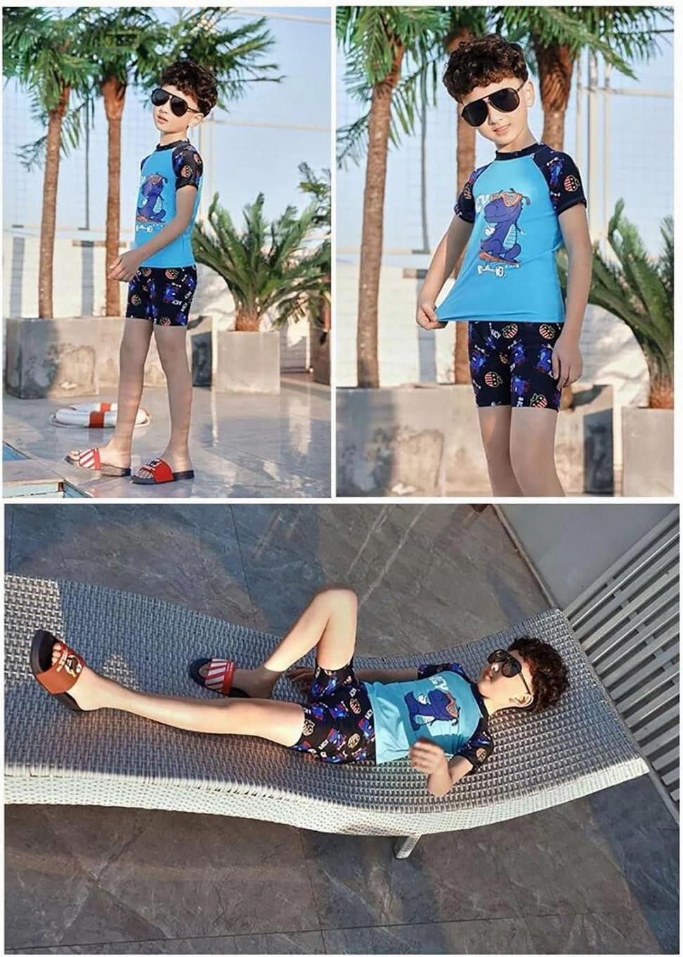 Boy Swim Set, 3 Pieces Set Swim Shirt   Swimming Shorts   Swimming Cap