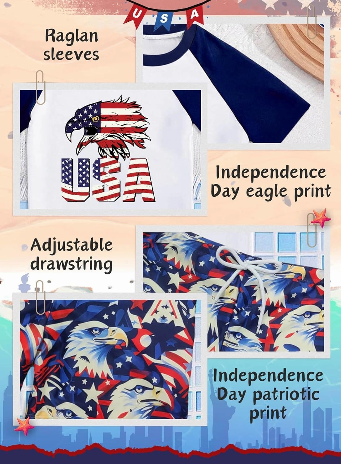 Boys 4th of July Swimsuit- Kids Patriotic Swim Trunks Shorts USA Eagle Rash Guard Swimwear 2PCS Sets Bathing Suit