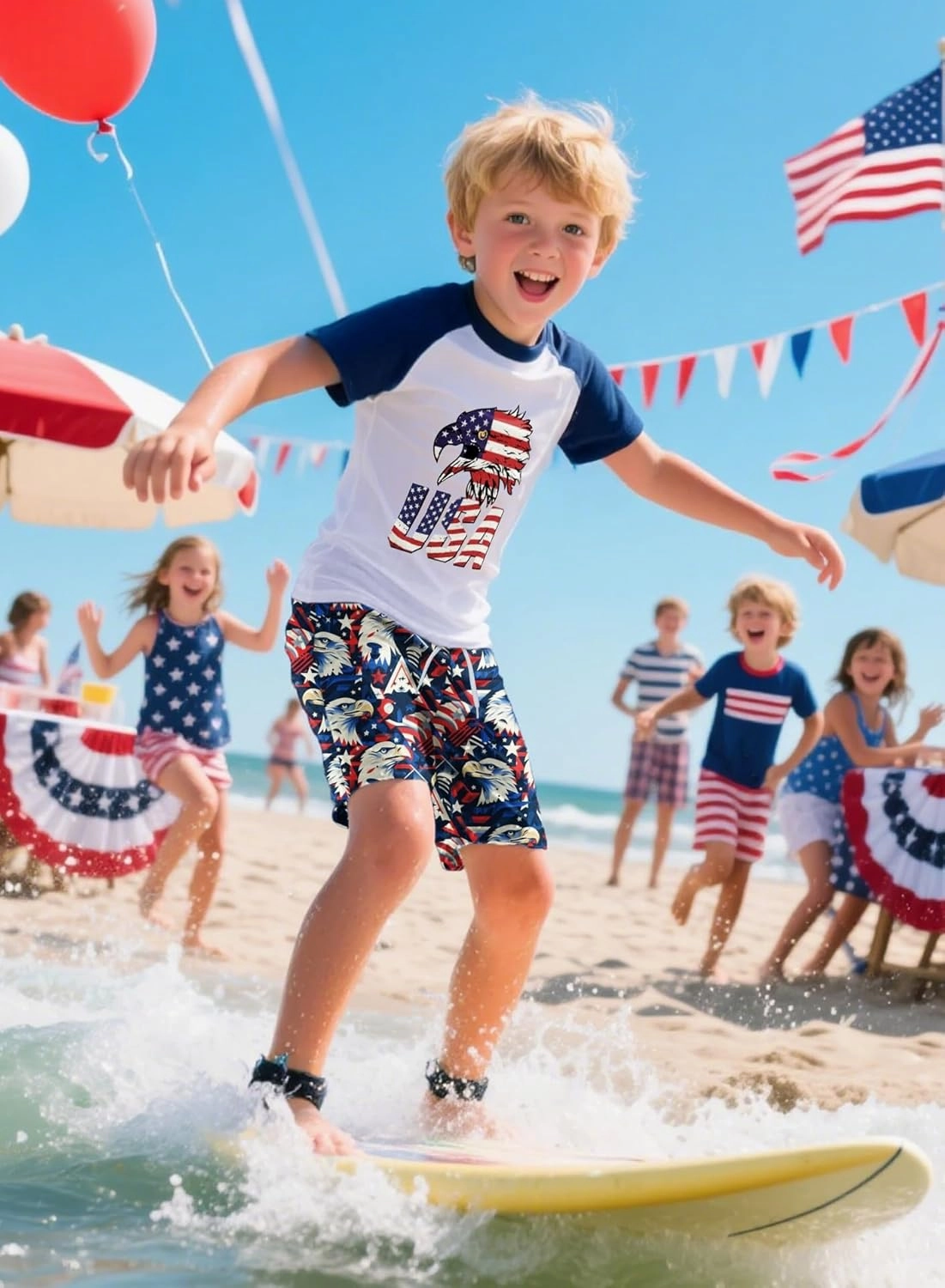Boys 4th of July Swimsuit- Kids Patriotic Swim Trunks Shorts USA Eagle Rash Guard Swimwear 2PCS Sets Bathing Suit